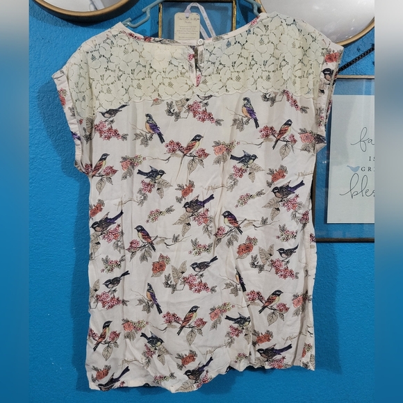 Chic Cream Lace Bird Print Blouse - Picture 5 of 6